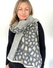 Load image into Gallery viewer, Grey &amp; Gold Animal Print Star Scarf
