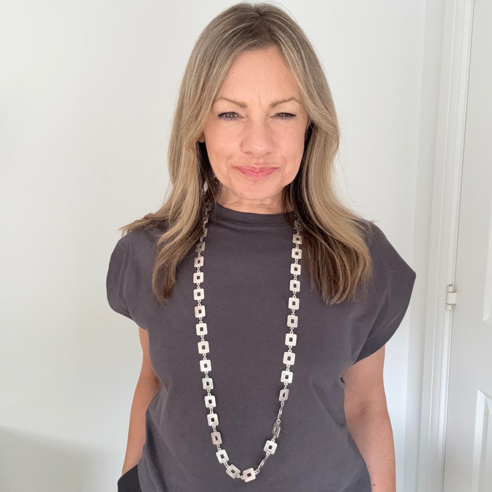 Long Brushed Silver Vintage Style Necklace