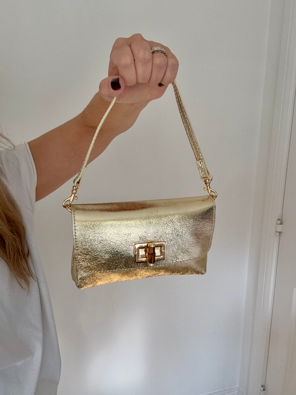 Gold Leather Clutch/ Crossbody Bag with Chain Strap &amp; Short Strap