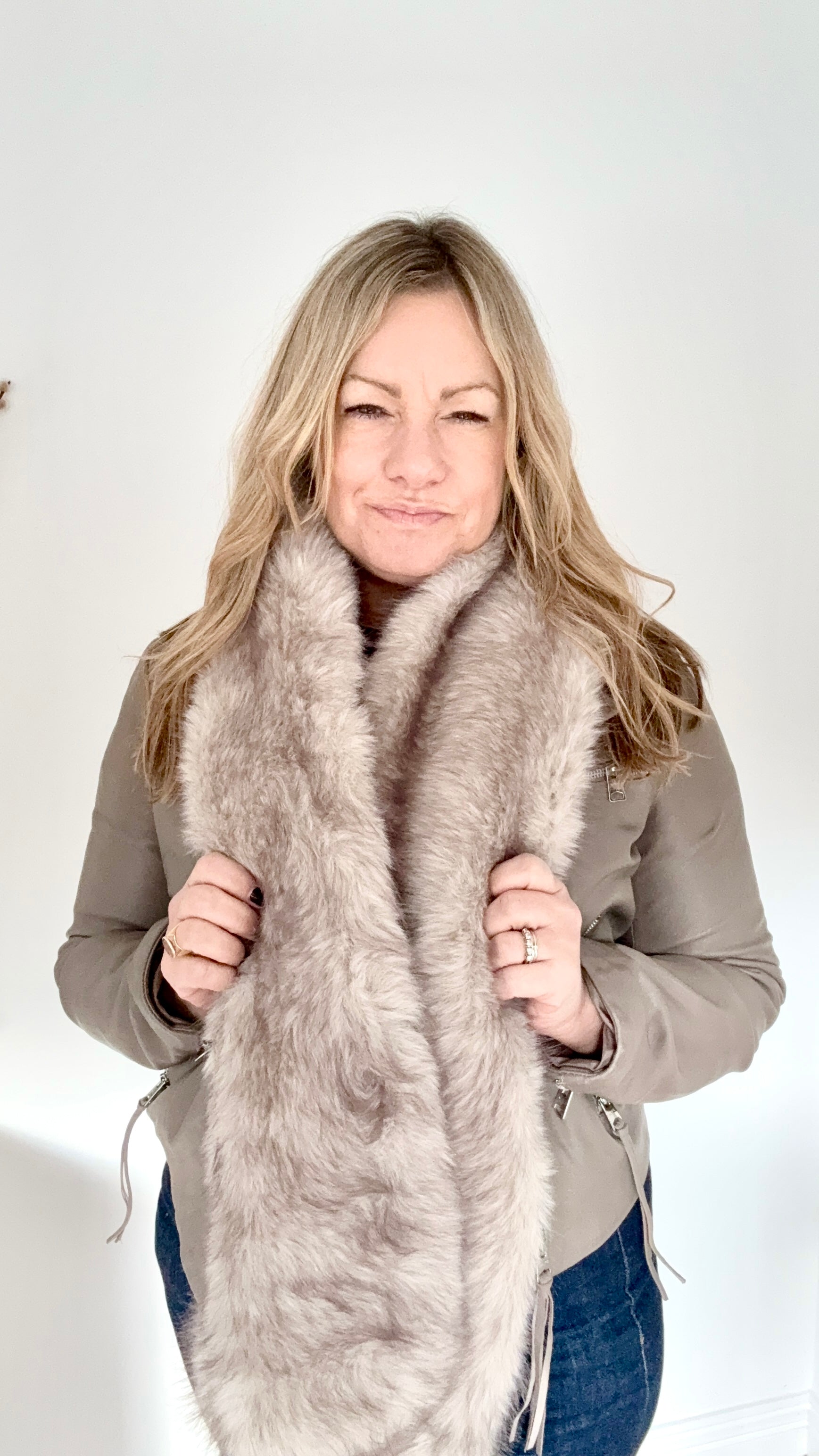 Light Taupe Faux Fur Wide Long Scarf/ Wrap