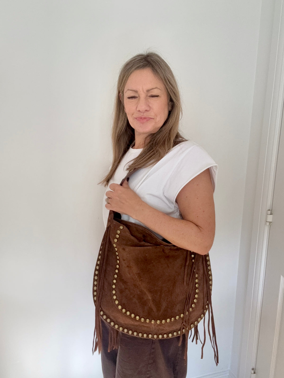 Brown Studded Suede Shoulder/ Crossbody Bag with Fringing
