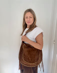 Brown Studded Suede Shoulder/ Crossbody Bag with Fringing