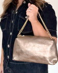 Bronze Leather Clutch/ Shoulder/ Crossbody Bag with Chain Strap & Leather Crossbody Strap