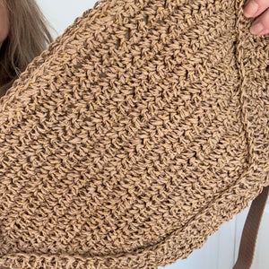 Beige Raffia Crossbody Crescent Bag with Gold Accents