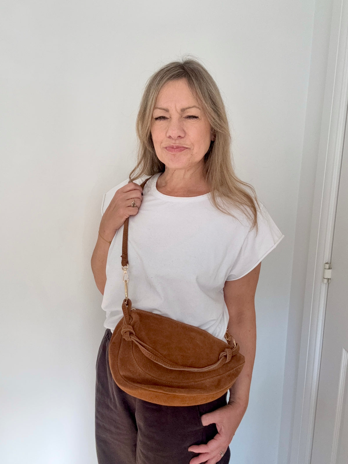 Dark Tan Suede Shoulder/ Crossbody Bag