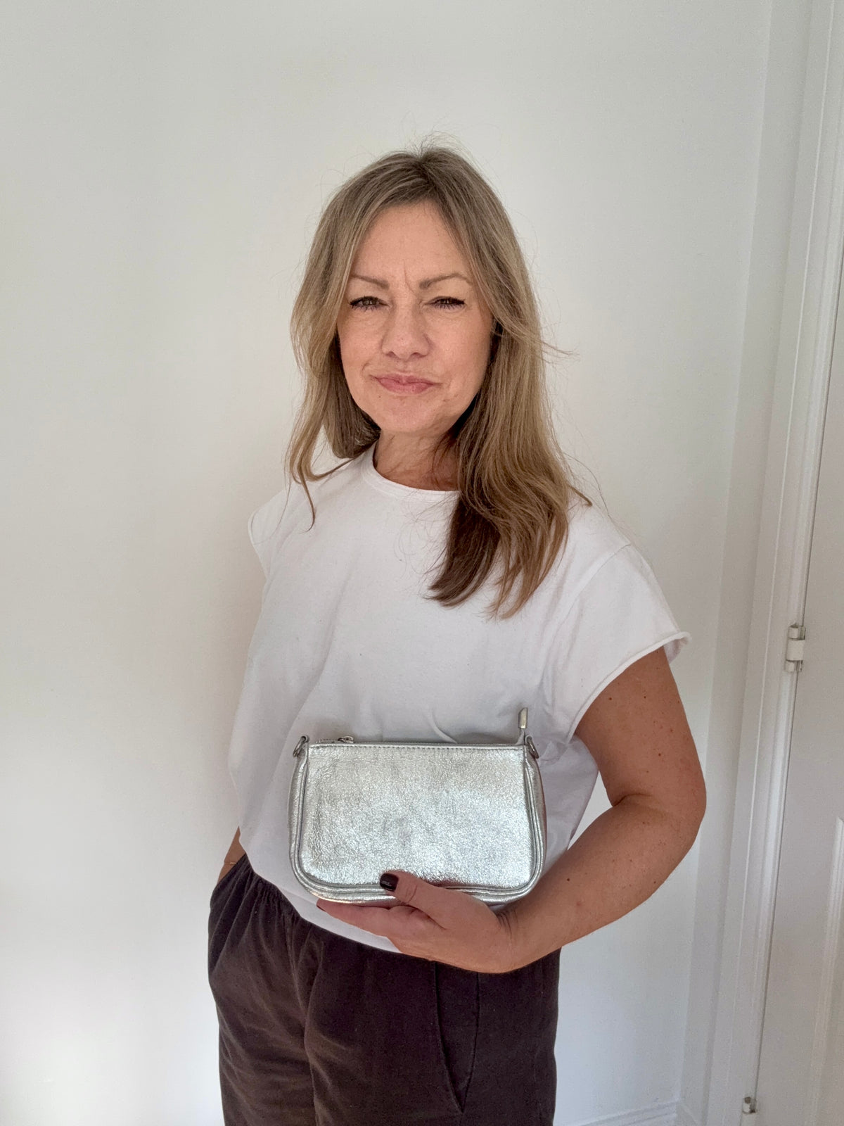 Silver Leather Clutch/ Crossbody Bag with Chain Strap