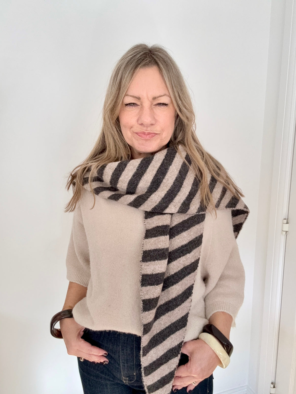 Taupe &amp; Brown Stripe Large Triangle Scarf