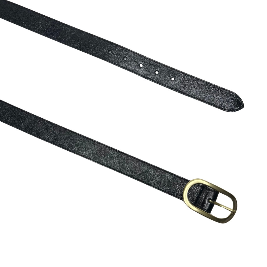 Black Metallic Leather Belt with Matte Gold Buckle S/M