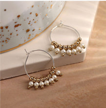 Load image into Gallery viewer, Silver Hoop with Gold Bead &amp; Pearl Earrings
