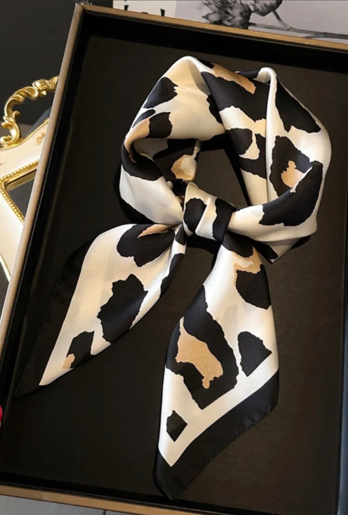 Black &amp; Cream Animal Print Square Satin Scarf/ Necktie