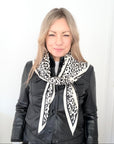 Cream & Black Animal Print Mid-Length Satin Triangle Scarf/ Necktie
