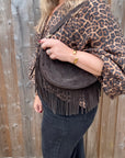 Dark Chocolate Suede Fringed Crossbody Bag