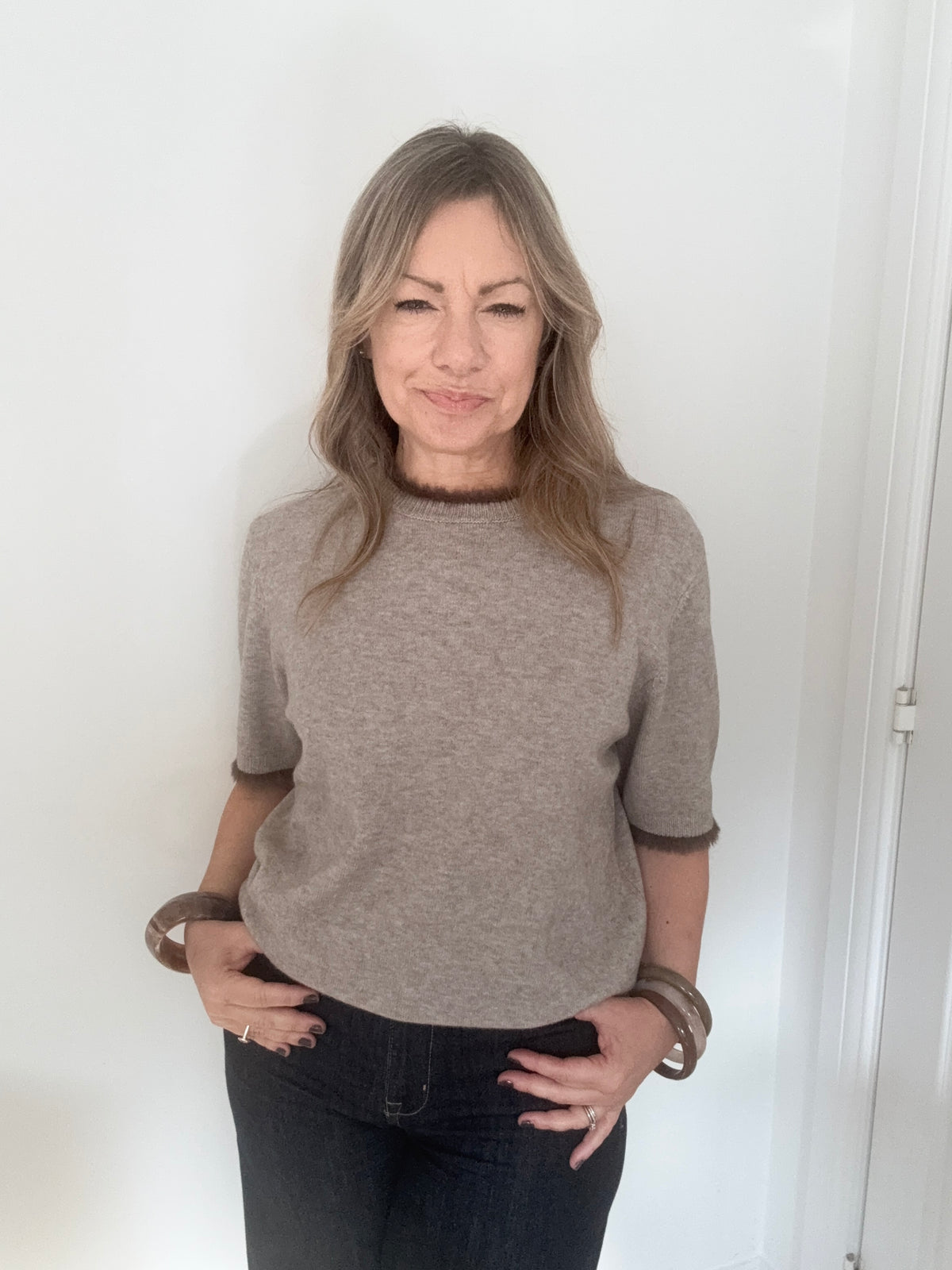 Taupe Faux Fur Trim Jumper