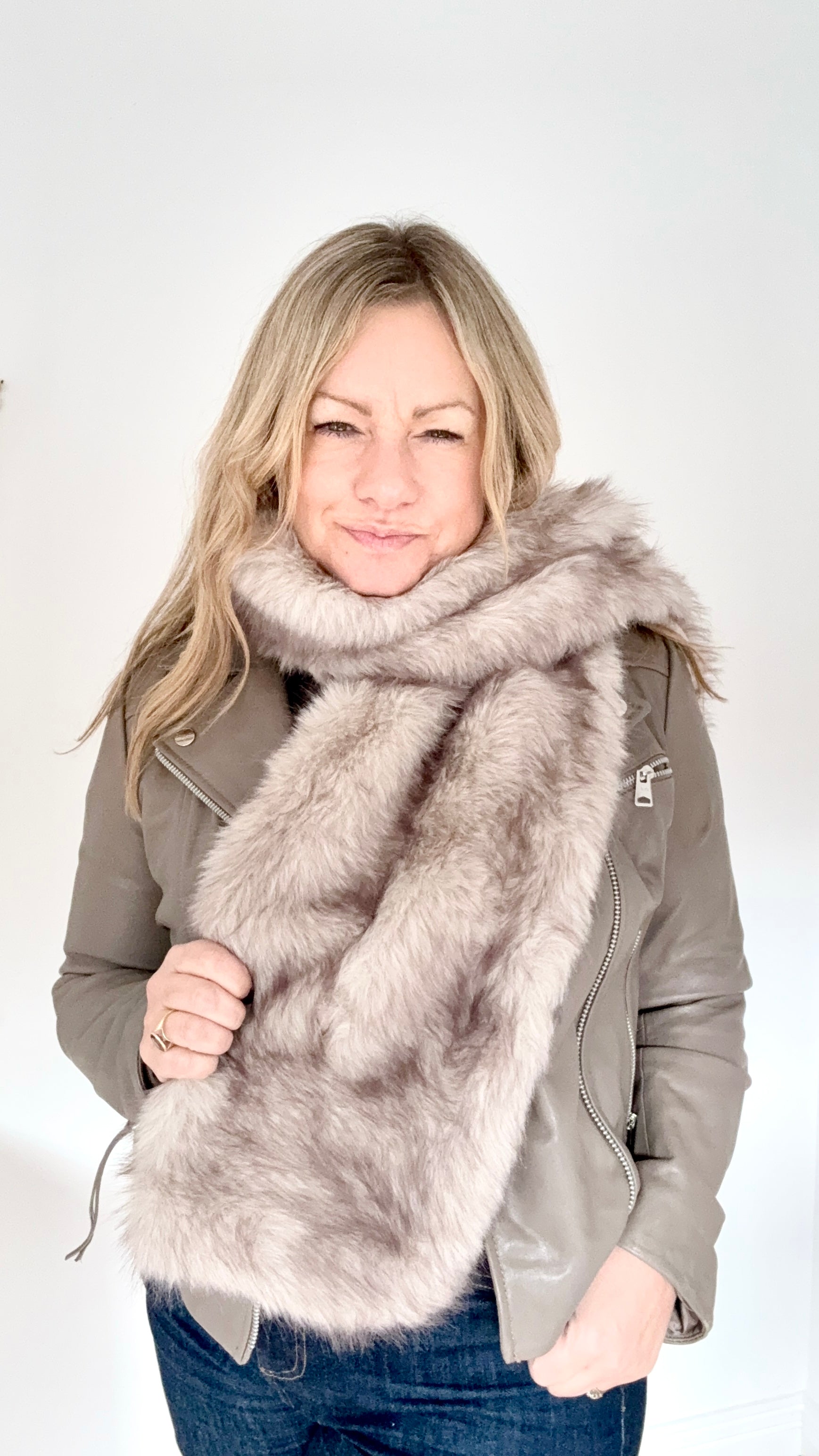 Light Taupe Faux Fur Wide Long Scarf/ Wrap