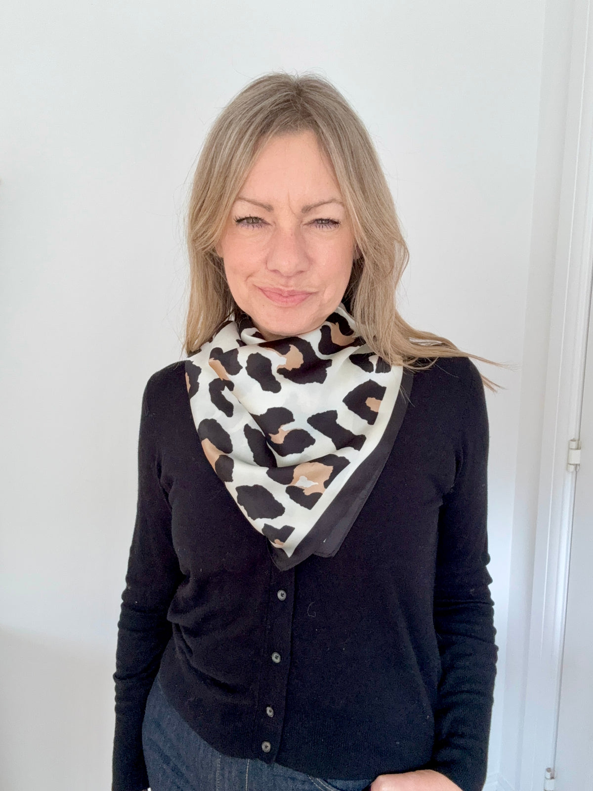 Black &amp; Cream Animal Print Square Satin Scarf/ Necktie