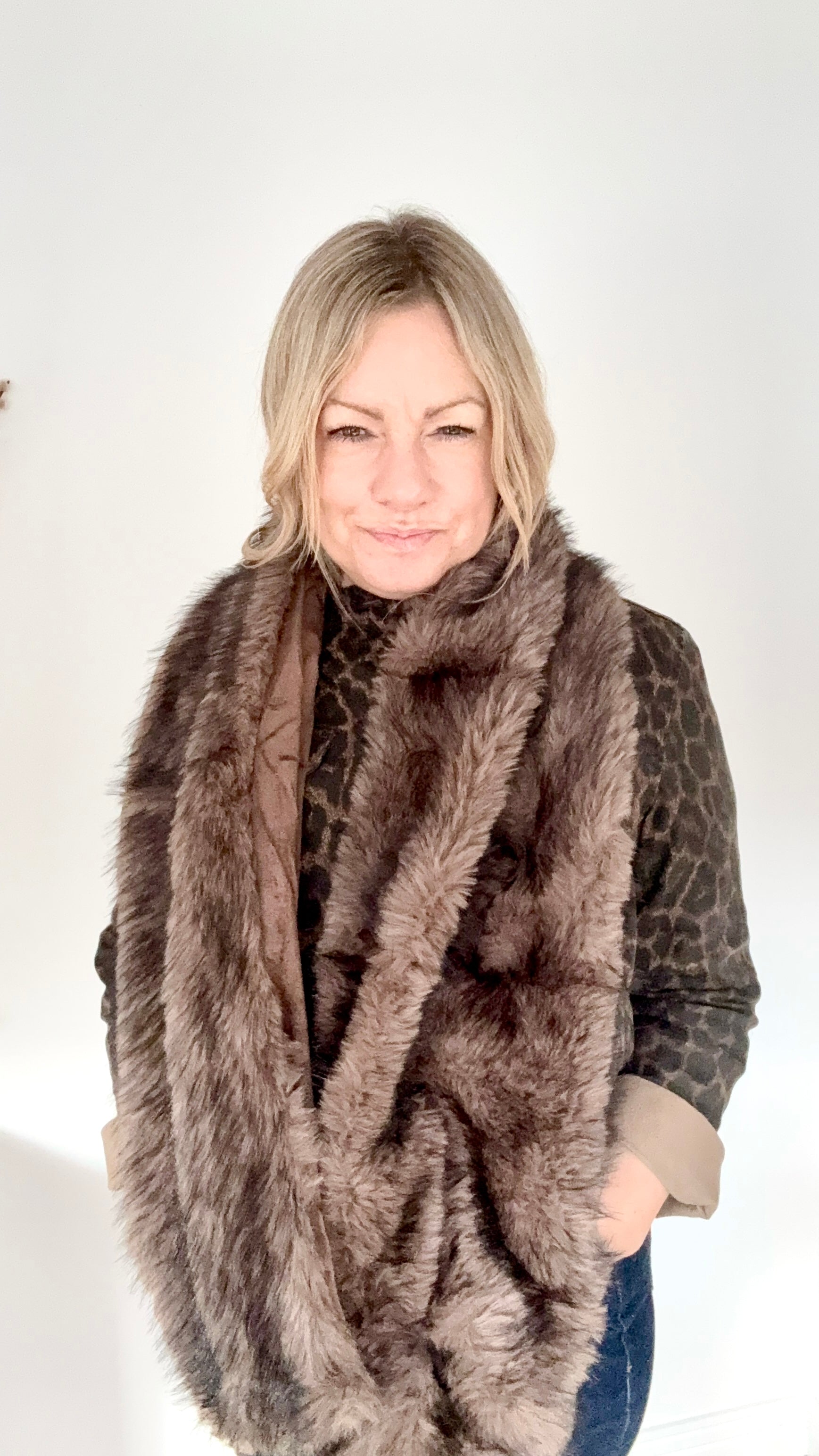 Dark Taupe Faux Fur Wide Long Scarf/ Wrap