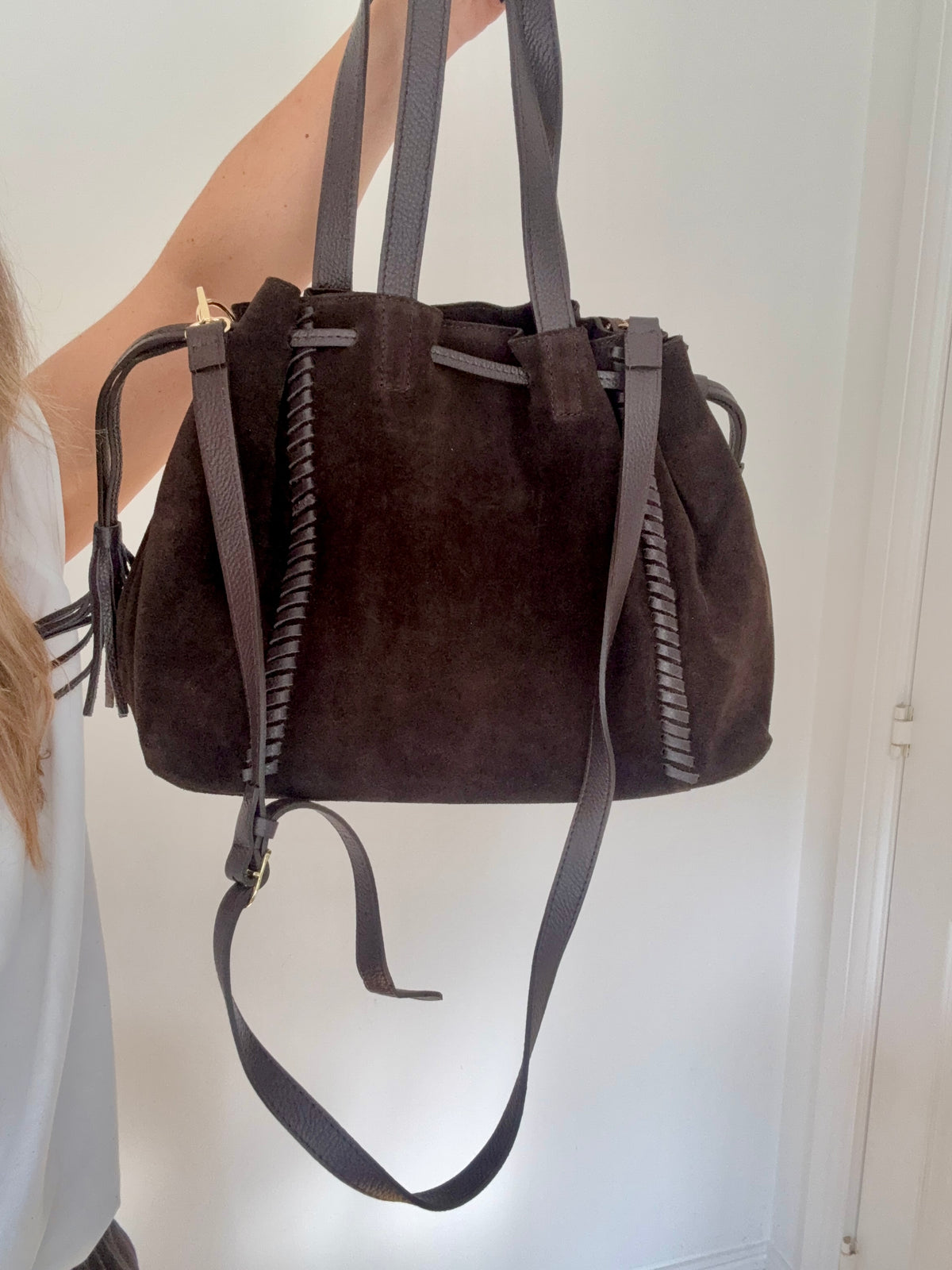 Dark Brown Structured Suede Shoulder/ Crossbody Bag