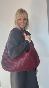 Burgundy Faux Leather Weave Tote Bag