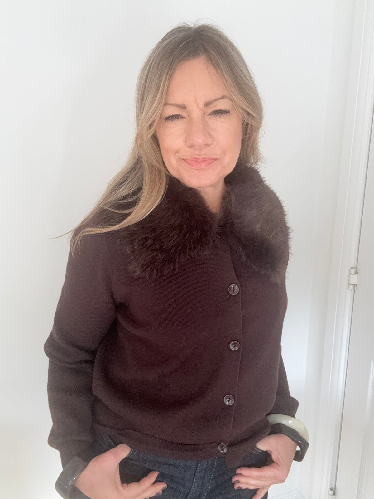 Dark Brown Faux Fur Collar Cardigan