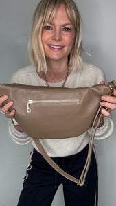 Light Taupe Large Crossbody Bum Bag - Gold Hardware