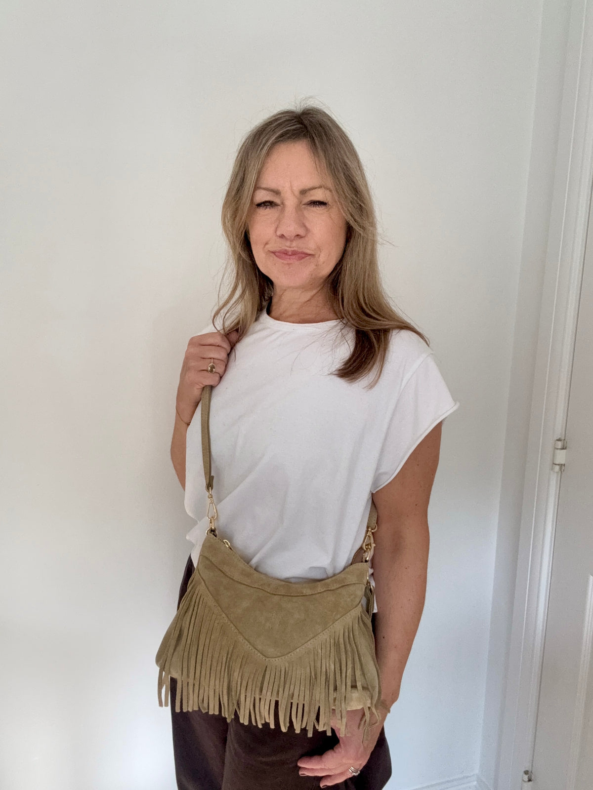 Stone Suede Shoulder/ Crossbody Bag with Fringing
