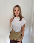 Stone Suede Shoulder/ Crossbody Bag with Fringing