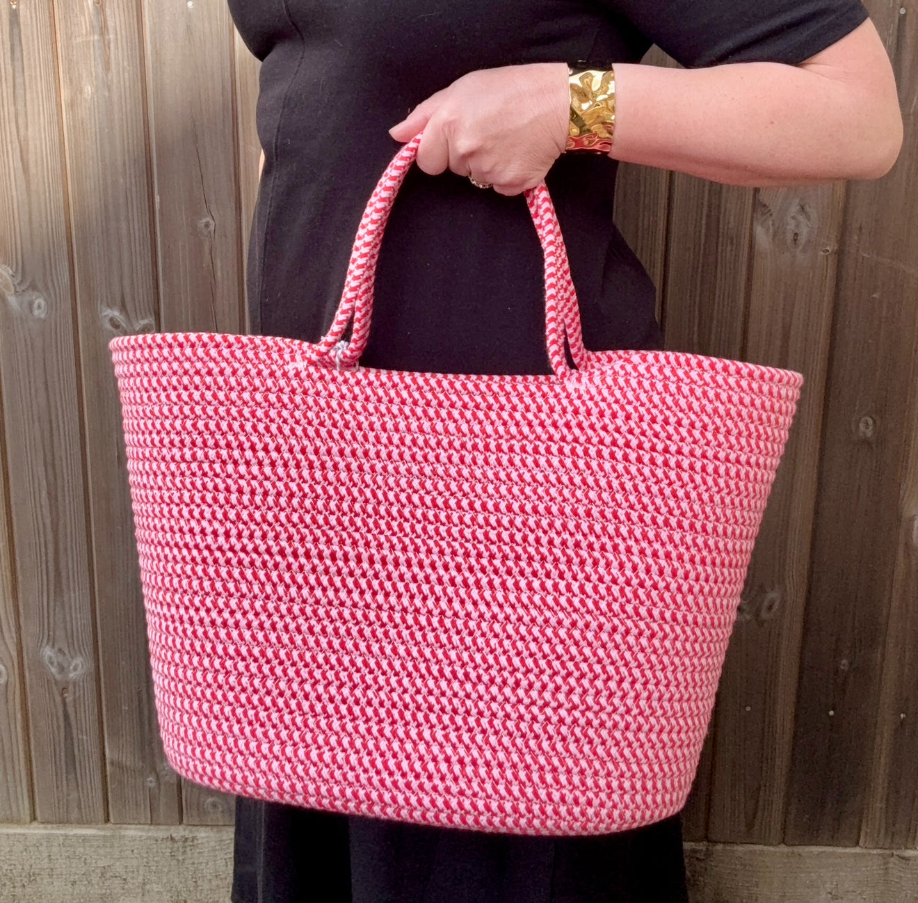 Pink &amp; Red Cotton Woven Basket Bag