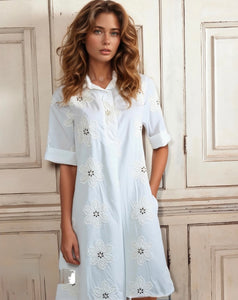 Ecru Embroidered Tunic Shirt Dress