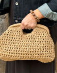 Natural Woven Raffia Structured Clutch/ Crossbody Bag