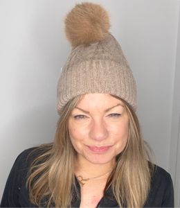 Taupe Knitted Pom Pom Hat