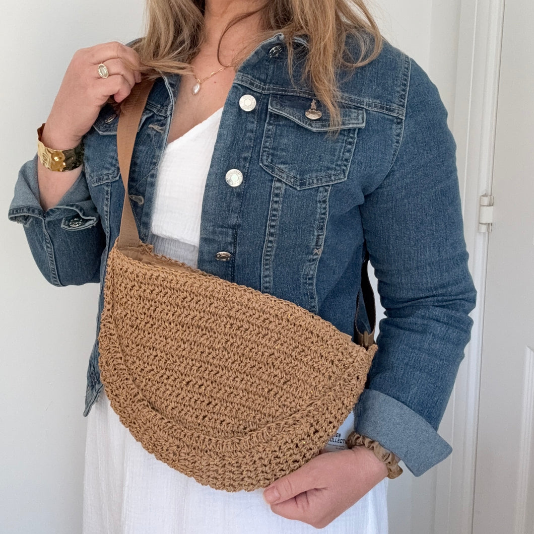Beige Raffia Crossbody Crescent Bag with Gold Accents