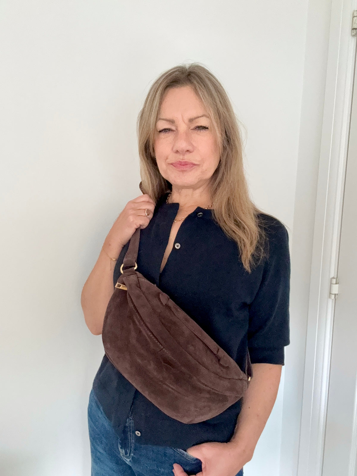 Dark Brown Suede Crossbody Pouch Bag