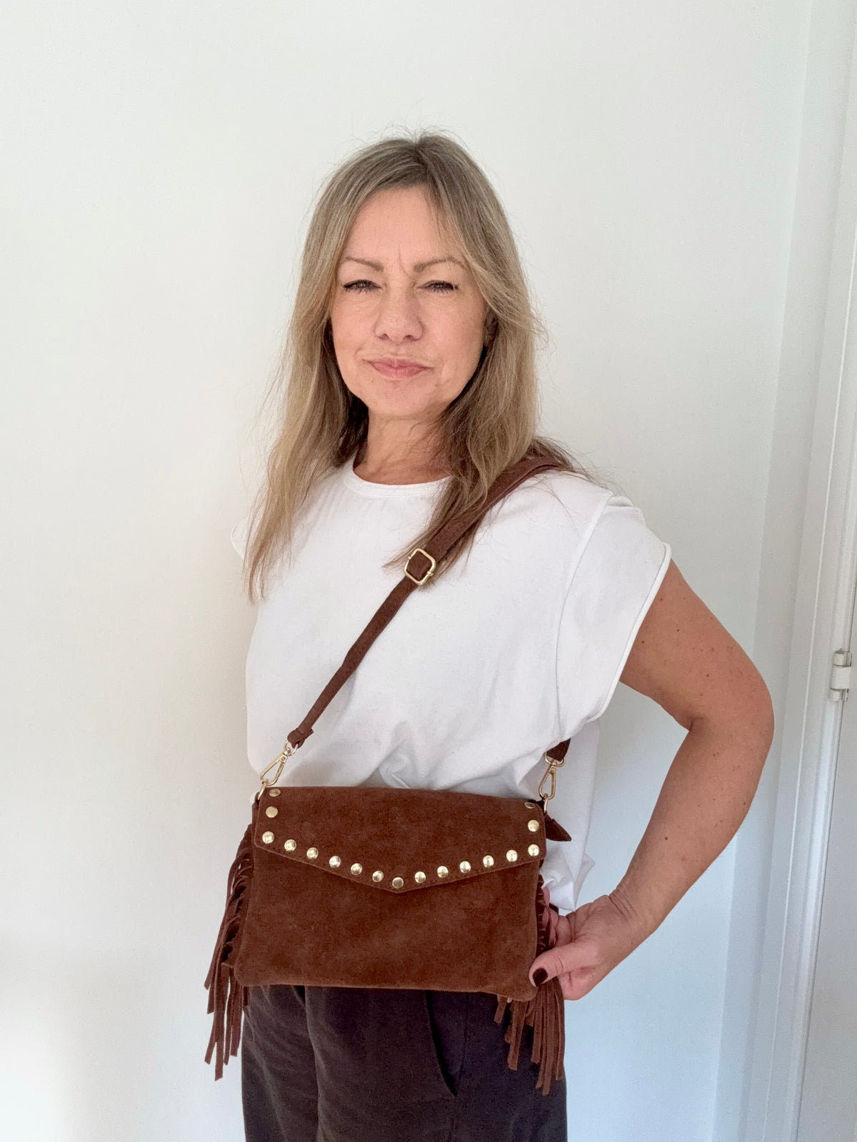 Brown Studded Suede Clutch/ Crossbody Bag with Fringing