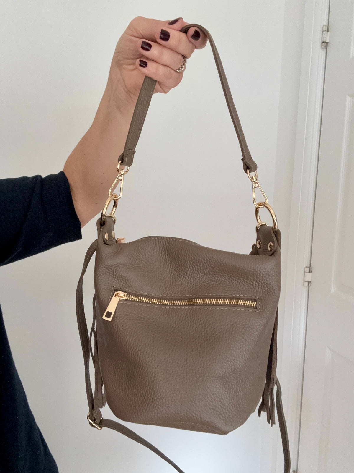 Dark Taupe Suede/ Leather Fringed Shoulder/ Crossbody Bag