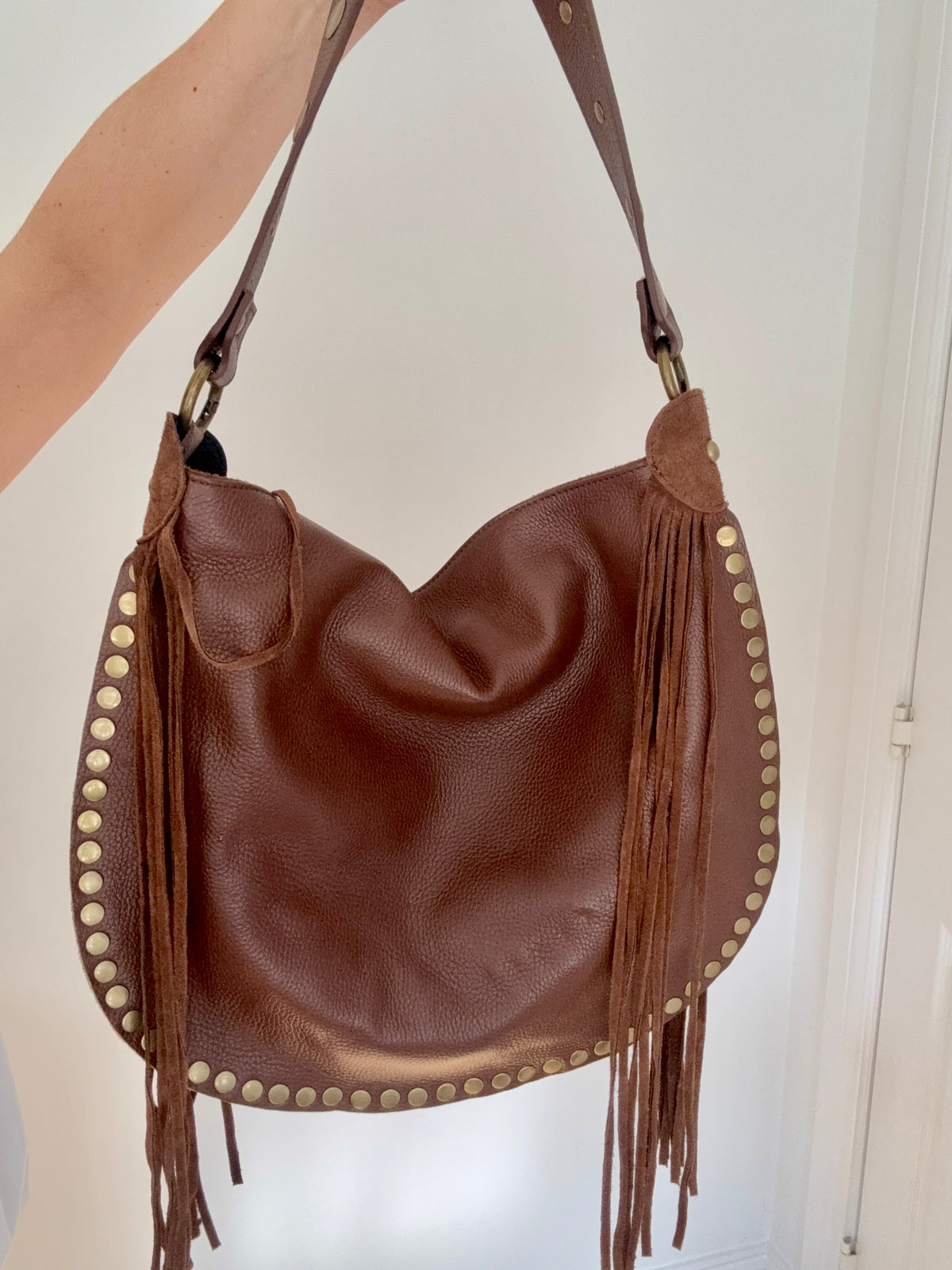 Brown Studded Suede Shoulder/ Crossbody Bag with Fringing