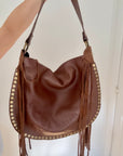 Brown Studded Suede Shoulder/ Crossbody Bag with Fringing