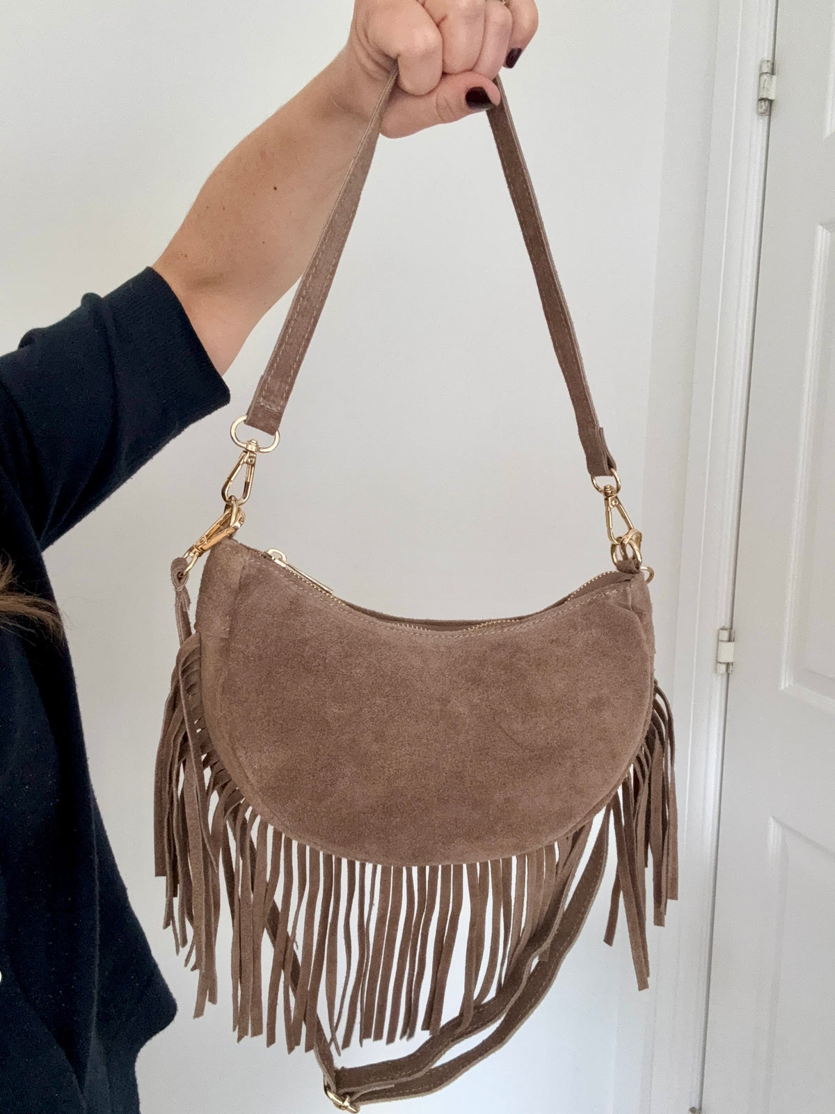 Dark Taupe Suede Fringed Shoulder/ Crossbody Bag
