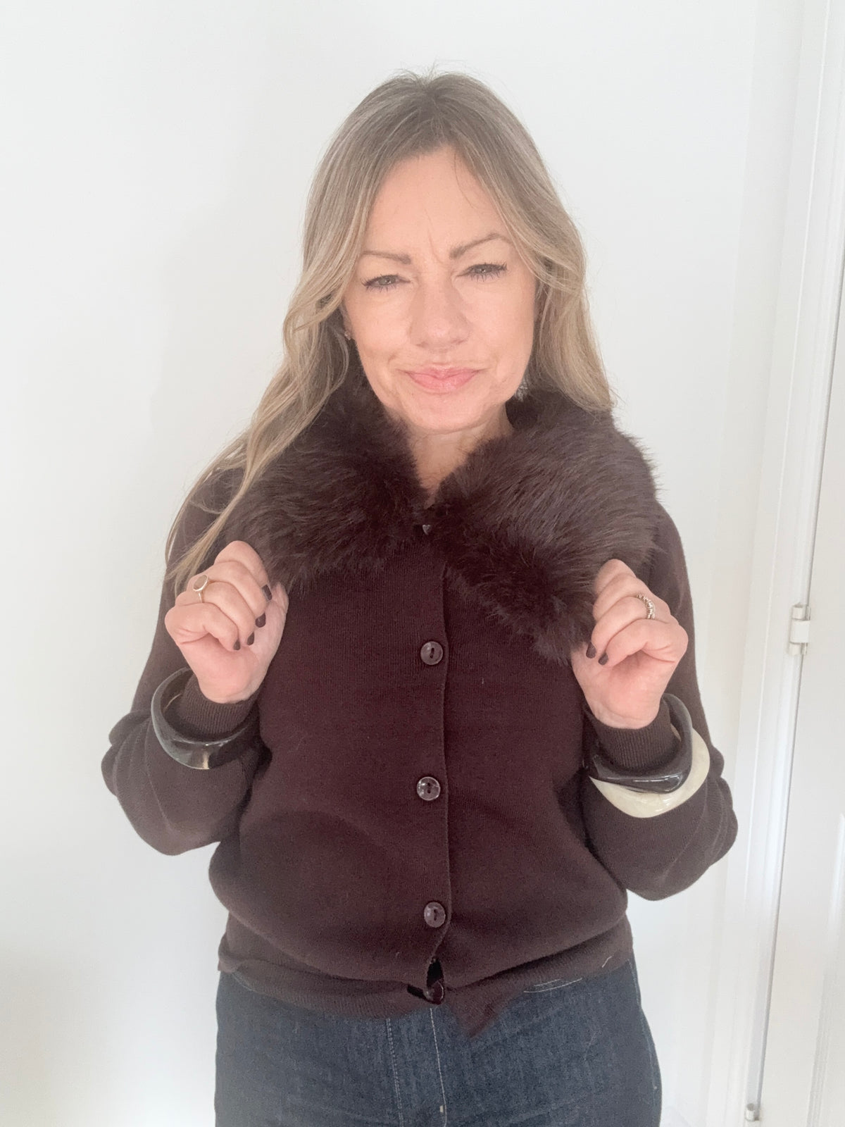 Dark Brown Faux Fur Collar Cardigan