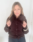 Dark Brown Faux Fur Collar Cardigan