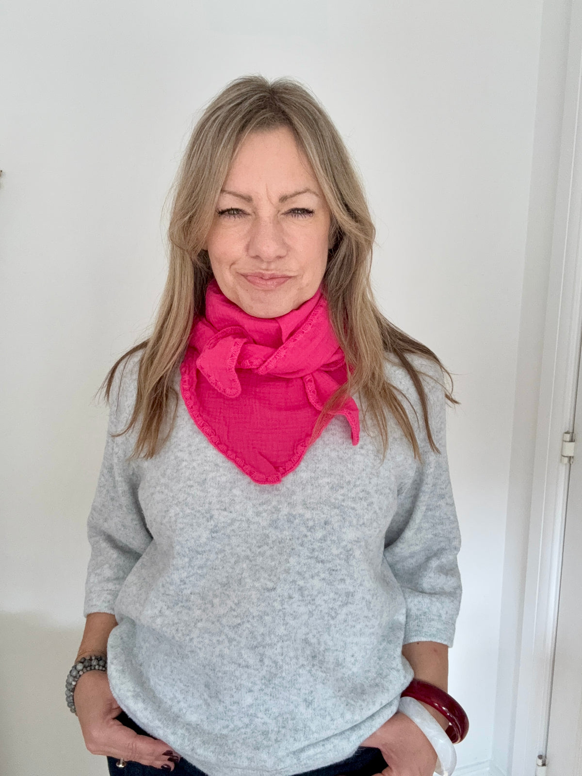 Bright Pink Cotton Mid-Length Triangle Scarf/ Necktie