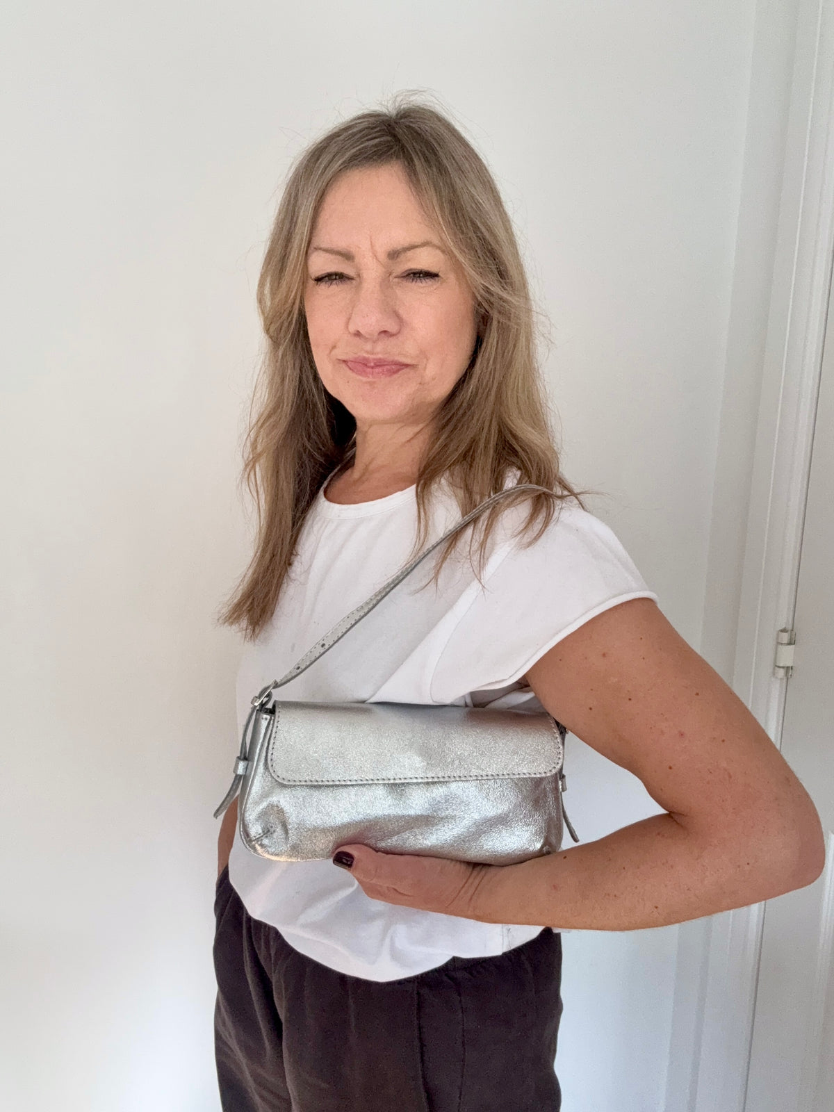 Silver Leather Clutch Bag with Strap