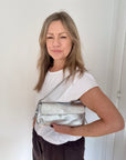 Silver Leather Clutch Bag with Strap