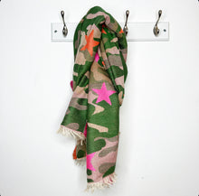 Load image into Gallery viewer, Preorder for delivery w/c 11/11 - Green Camo Scarf with Pink &amp; Orange Stars
