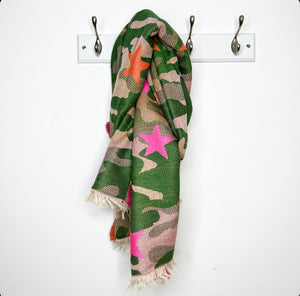 Green Camo Scarf with Pink & Orange Stars