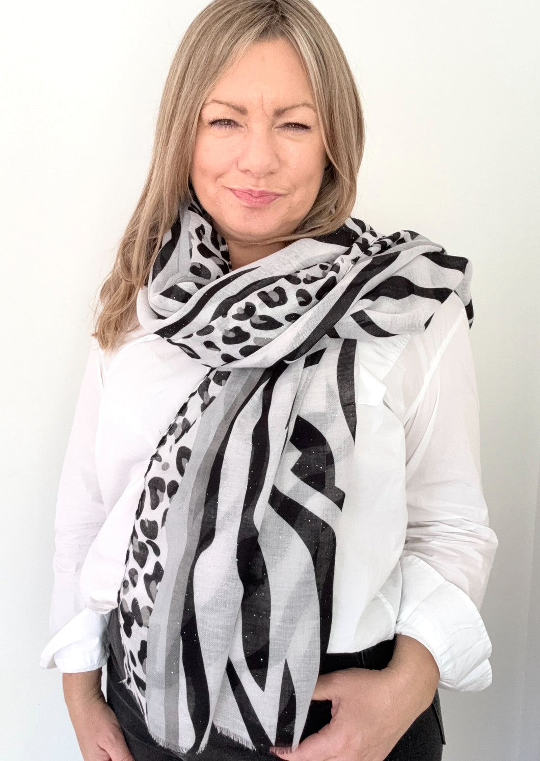 Black & Grey Leopard & Zebra Print Scarf