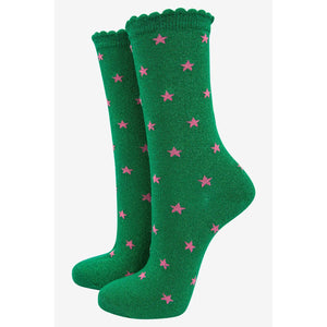 Green Sparkly Pink Star Print Socks