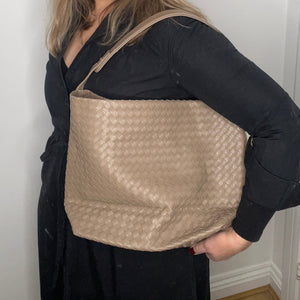 Taupe Faux Leather Weave Tote/ Crossbody Bag