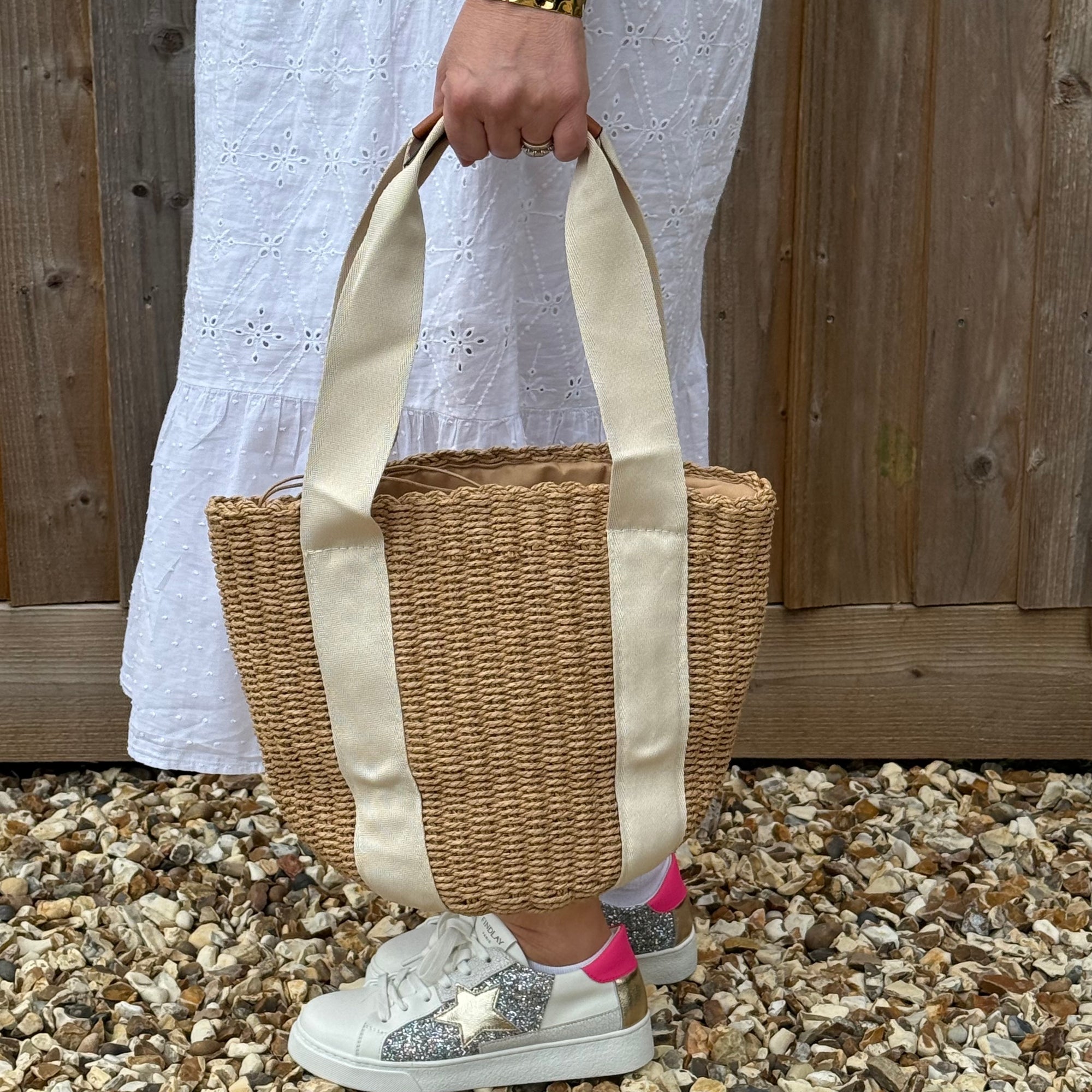 Cream Handled Straw Tote Bag