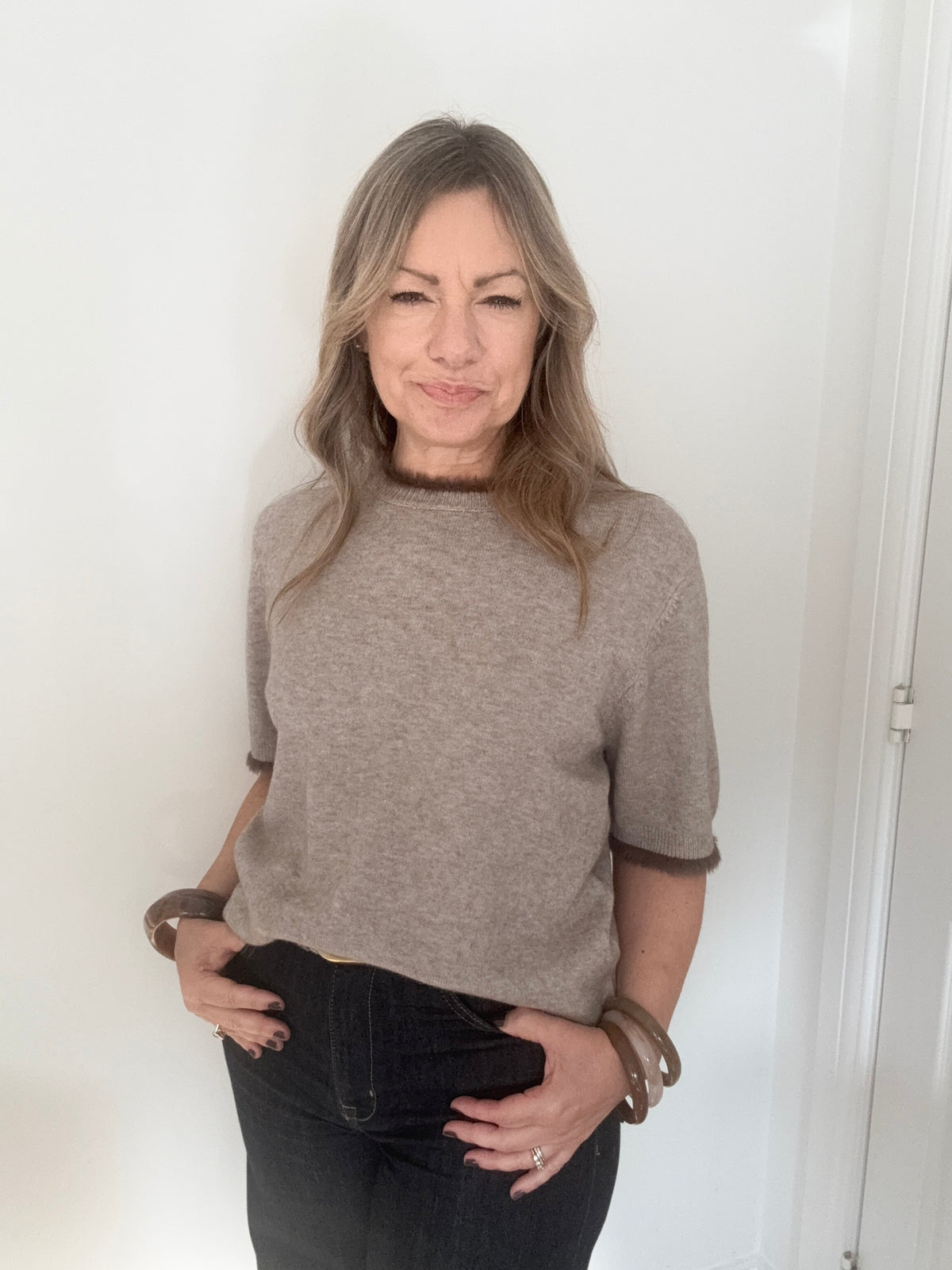 Taupe Faux Fur Trim Jumper