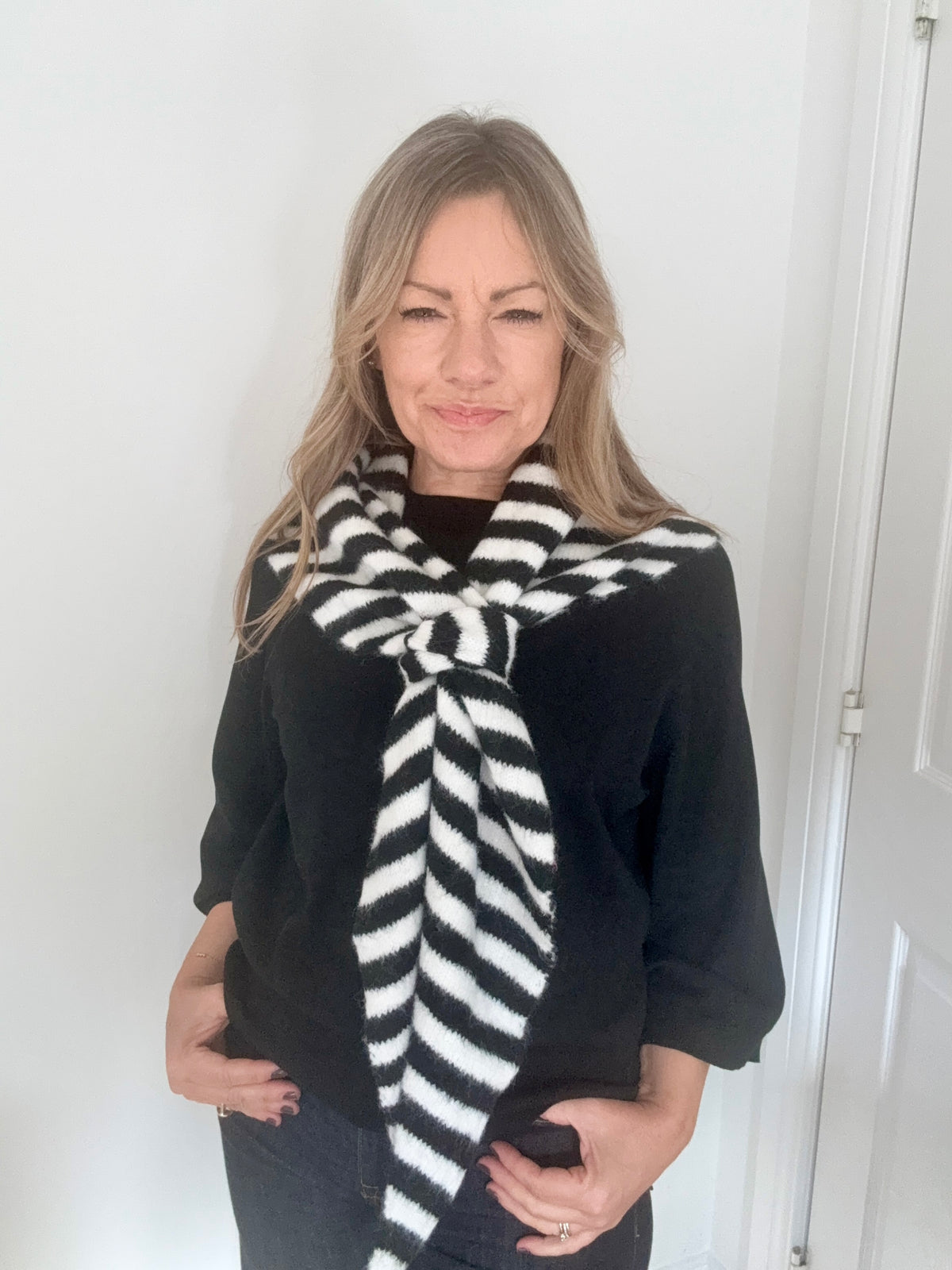 Black &amp; White Stripe Knitted Long Triangle Scarf/ Necktie